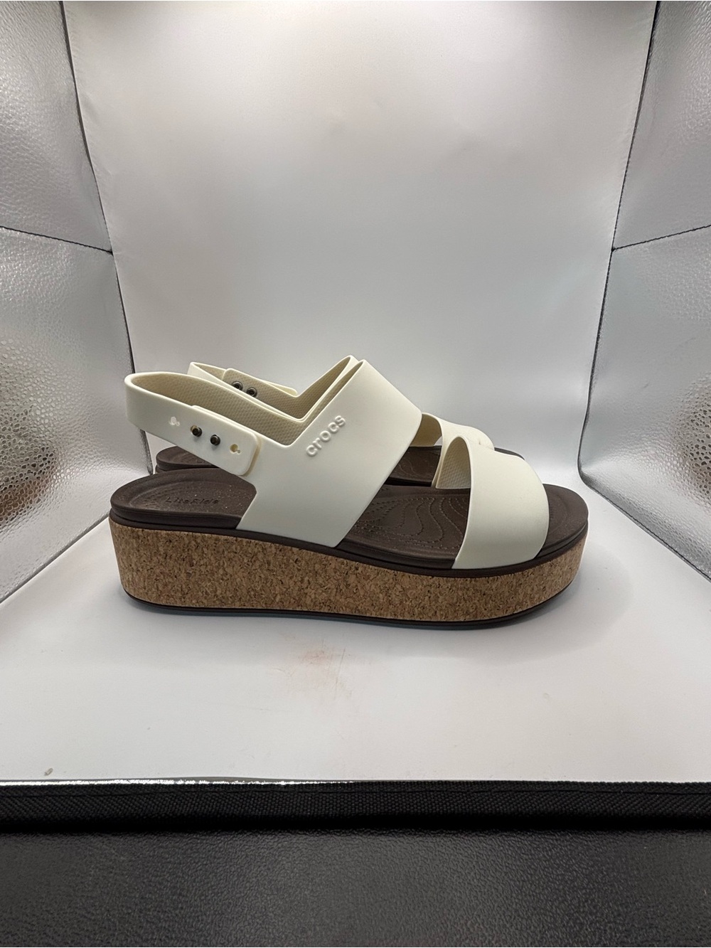 CROCS Women's Cork-Platform Slingback Sandal in Off-White and Brown